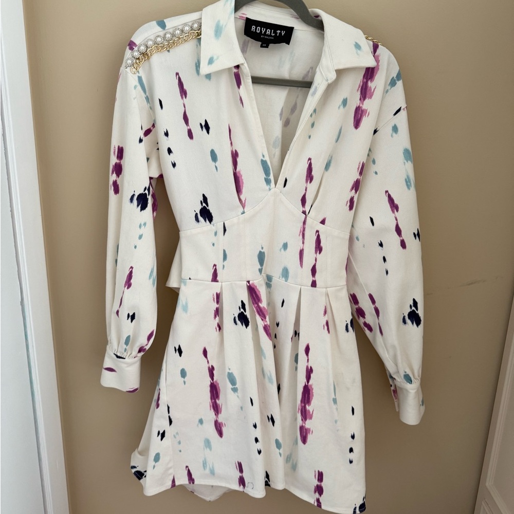 White Long Sleeve Dress with Purple and Blue Accents